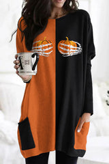 Contrasting Color Grunt Pumpkin Print Tunic