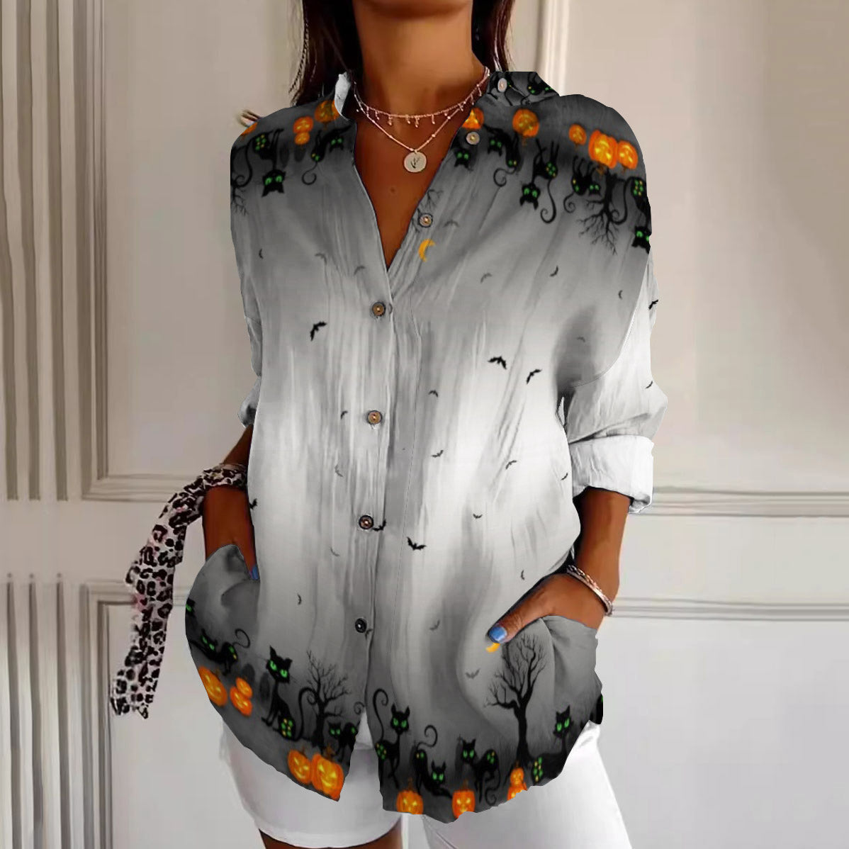 Halloween Black Cat Print Women's Shirt