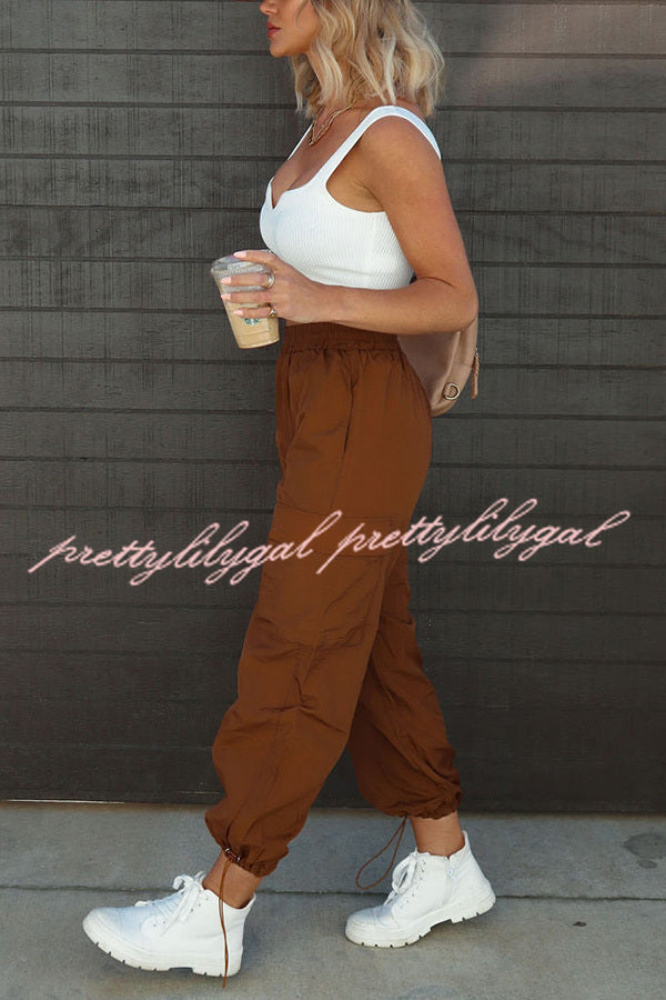 Let's Rewind Nylon Elastic Waist Pocketed Cargo Pants
