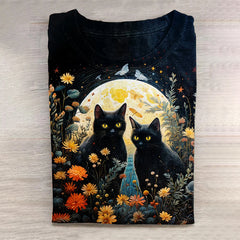 Floral And Cat Art Print Casual T-Shirt