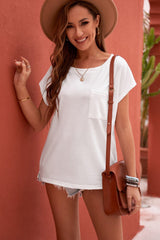 Women's Beige Pocketed Side Slits Short Sleeve Tee