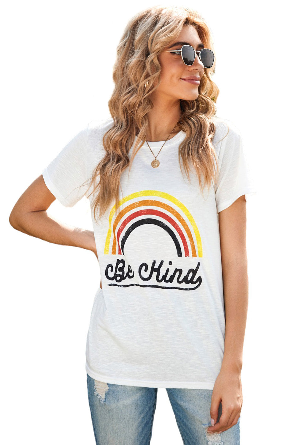Women's Cute White Rainbow Letter Print Short Sleeve T-shirt