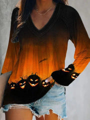 Halloween Pumpkin Bat Printed Casual V-Neck T-Shirt