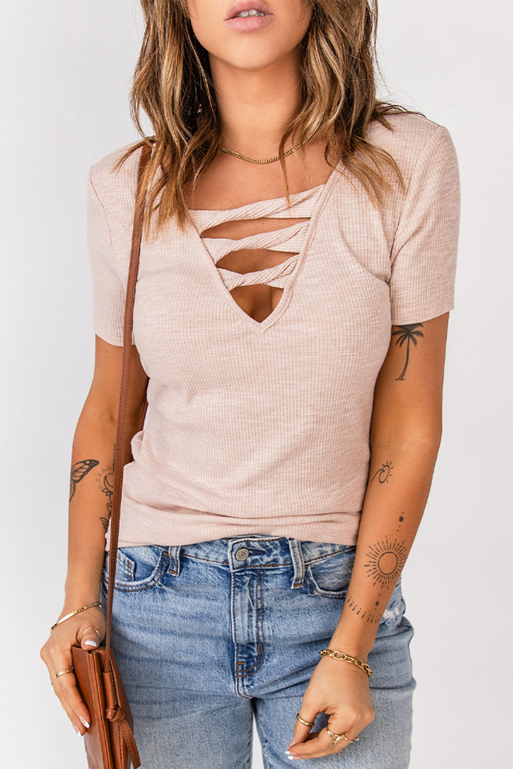 Women's Apricot Strappy Rib Knit T Shirt