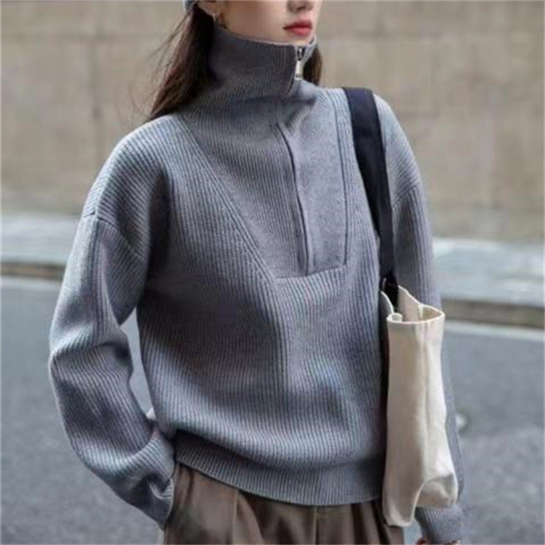 Two Wear Half Zip Large Lapel Soft Waxy Sweater