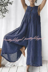 Salma Linen Blend Sleeveless Cutout Ruched Detail Wide Leg Jumpsuit