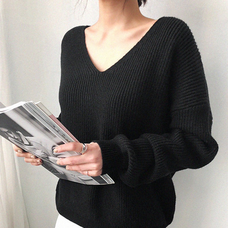 V-Neck Simple Irregular Pullover Sweater
