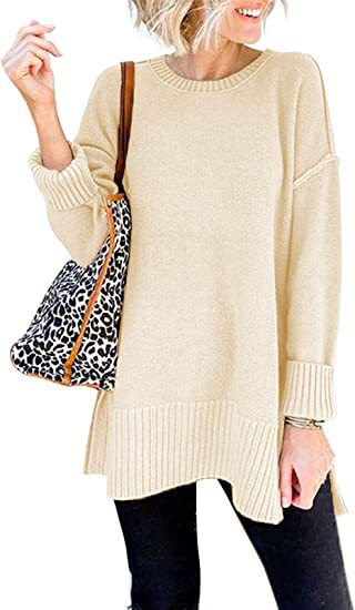 Women With Round Neck Long Sleeves And Slit Sweaters
