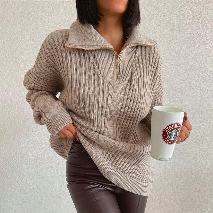 Polo Neck Twist Sweater Loose Casual Zipper Sweater