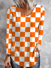 Orange Plaid V Neck Casual Tops