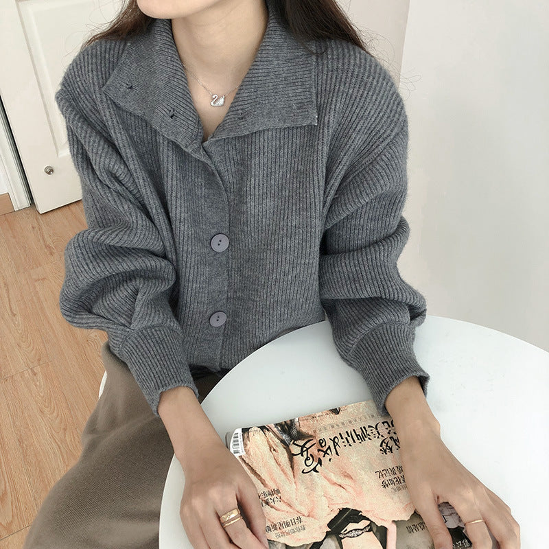 High-Necked Thick Loose Western-Style Knitted Cardigan