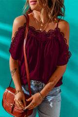 Women's Crochet Neckline Short Sleeve Top