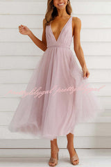 Feeling Romantic V Neck Tulle Midi Dress