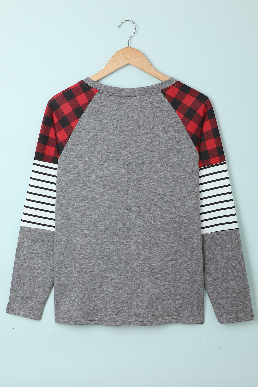 Women's Casual Gray Buffalo Plaid & Stripe Splicing Long Sleeve Top