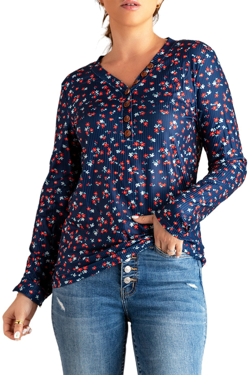 Women's Navy Long Sleeve Floral Top