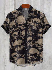 Halloween Skull Print Linen Blend Vintage Shirt