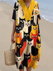 Funny Cat Pattern Patchwork Art V-Neck Dress