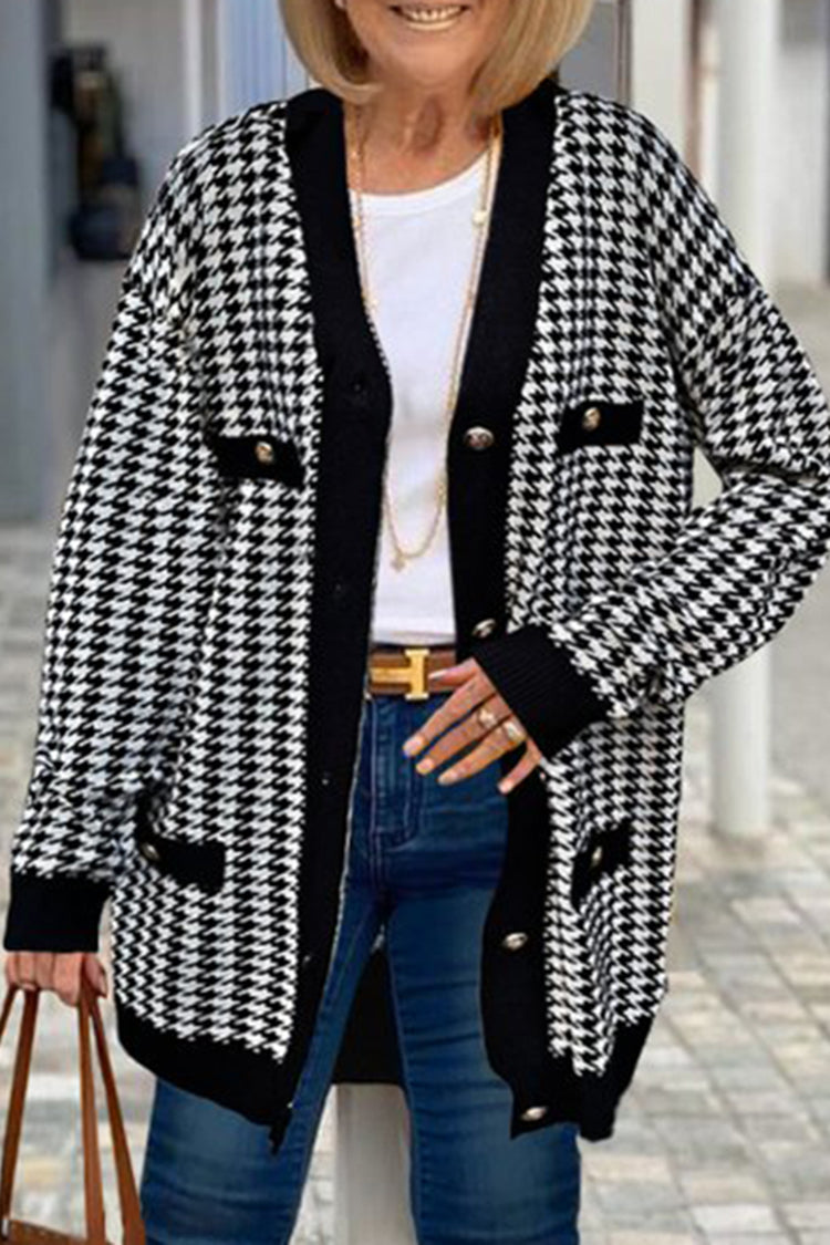 Vintage Houndstooth Mid Length Sweater Cardigan