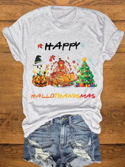 Ghost Turkey Christmas Tree Print Crew Neck T Shirt