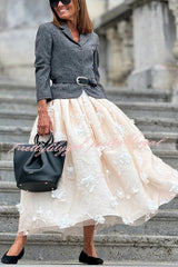 Timeless Luxury Tulle 3D Embroidered Flowers Elastic Waist Large Hem Midi Skirt
