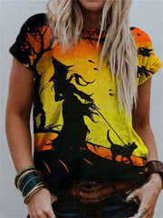 Halloween Witch & Cat In Sunset T Shirt