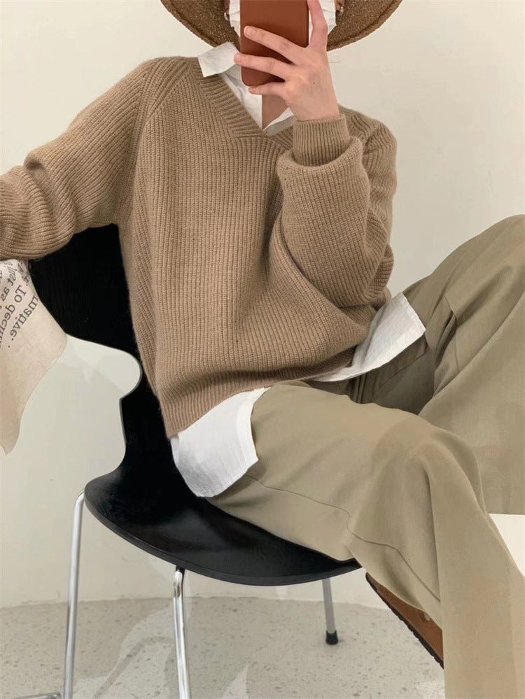 V-neck Soft Waxy Loose Gentle Knit Sweater