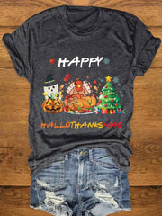 Ghost Turkey Christmas Tree Print Crew Neck T Shirt
