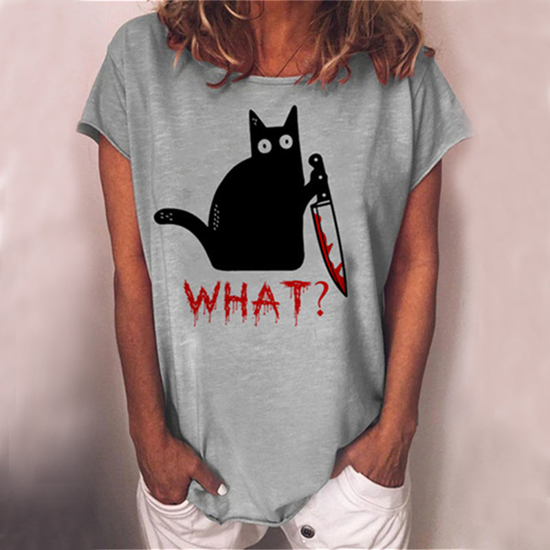 Holding Knife Black Cat What Loose T Shirt