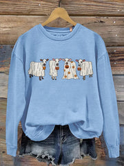 Women's Halloween Cow Ghost Print Casual Long Sleeve Sweatshirt