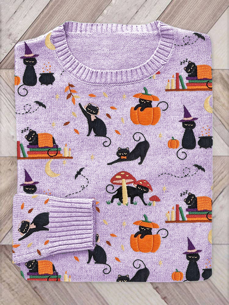Halloween Black Cat Pumpkin Embroidery Pattern Sweater