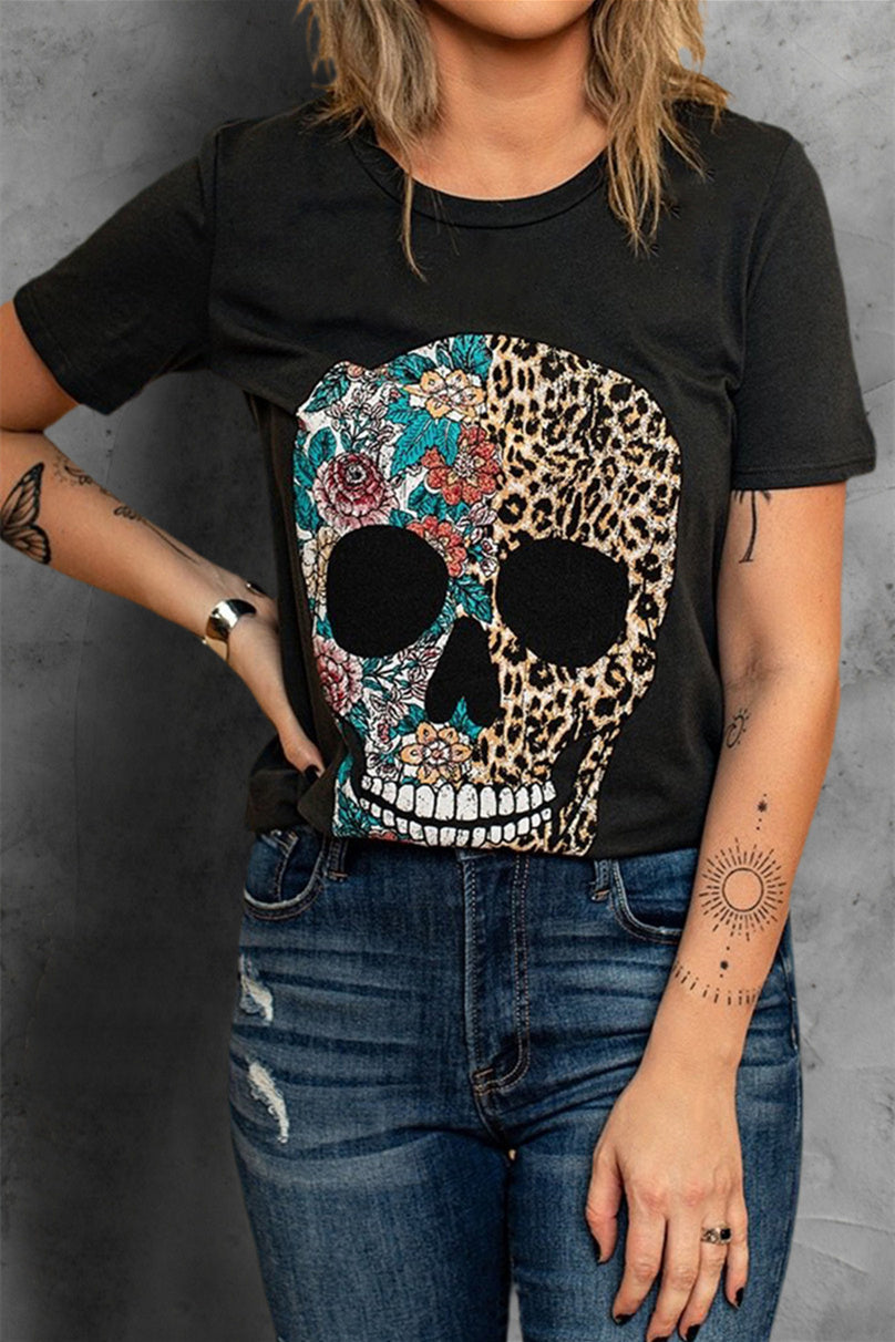 Women's Leopard & Floral Skull Tee