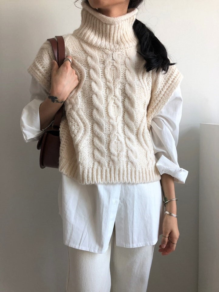 Vintage turtleneck hemp pattern loose knit sweater vest