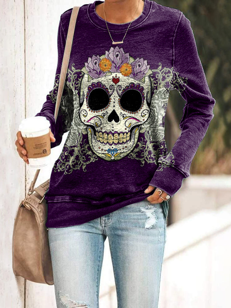 Skull Floral Print Long Sleeve T-Shirt
