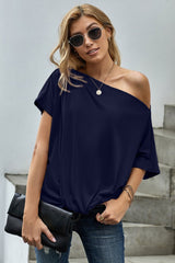 Women's Blue Off-The-Shoulder Slash Neck Casual Loose Fitting Top