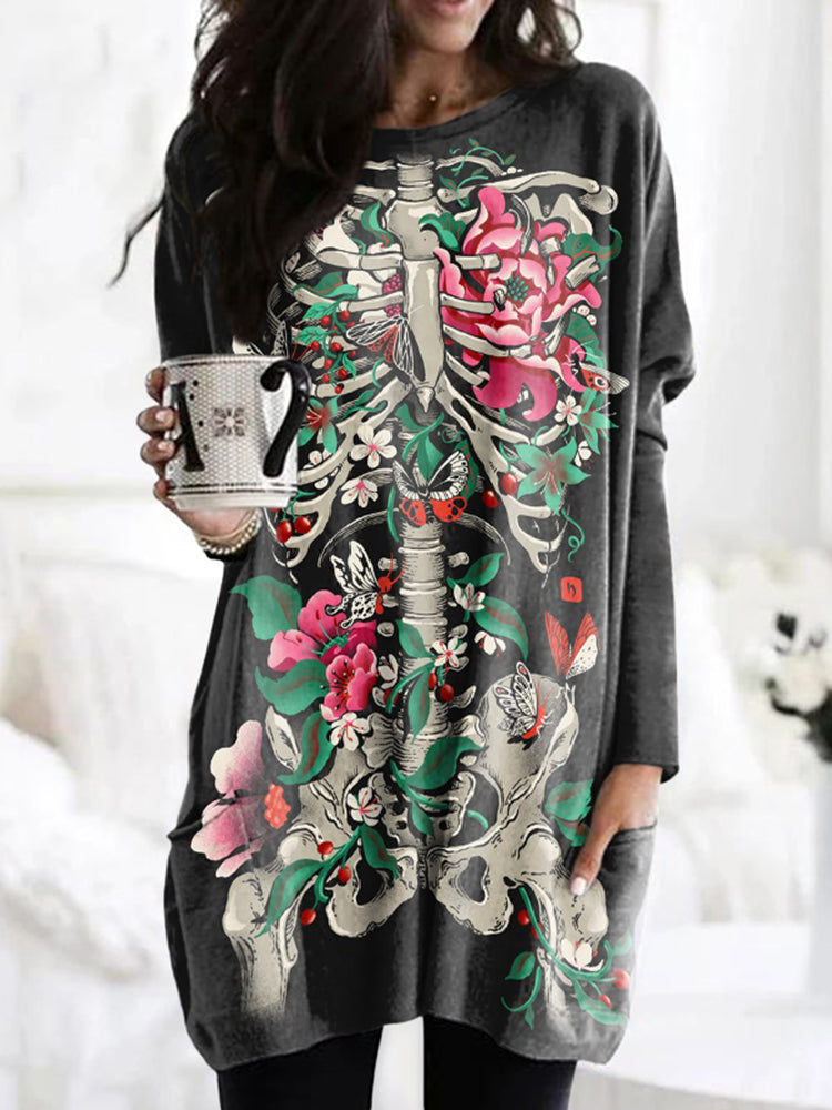 Floral Skull Print Long Sleeve Tunic