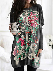 Floral Skull Print Long Sleeve Tunic