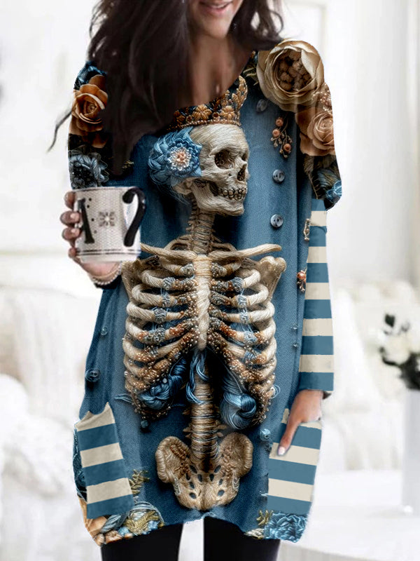 Flowers & Skeleton Embroidered Pockets Tunic