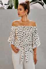 Women's White Polka Dot 3/4 Bell Sleeve Front Tie Knot Off Shoulder Top