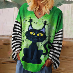 Halloween Black Cat Striped Oversize T Shirt