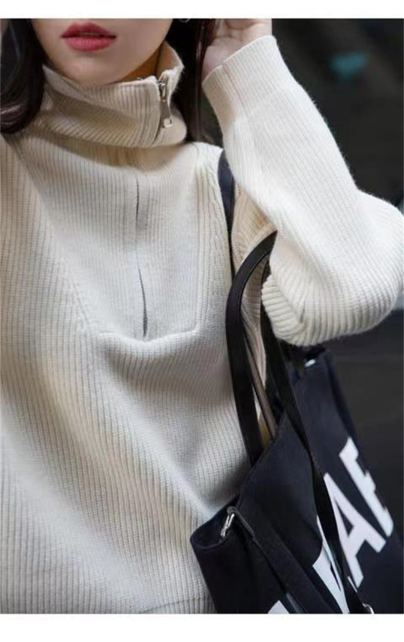 Two Wear Half Zip Large Lapel Soft Waxy Sweater