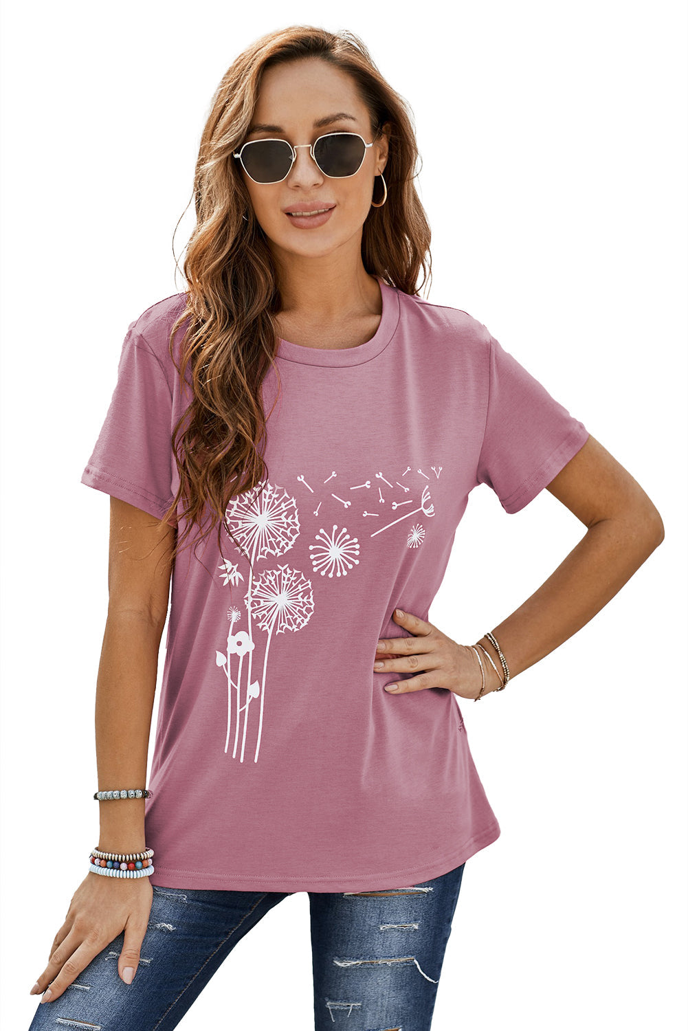Women's Pink Crew Neck Dandelion Print Short Sleeve T-shirt