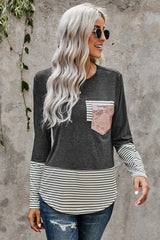 Women's Gray Stripe Pocket Sequins Splicing O-neck Long Sleeve Top