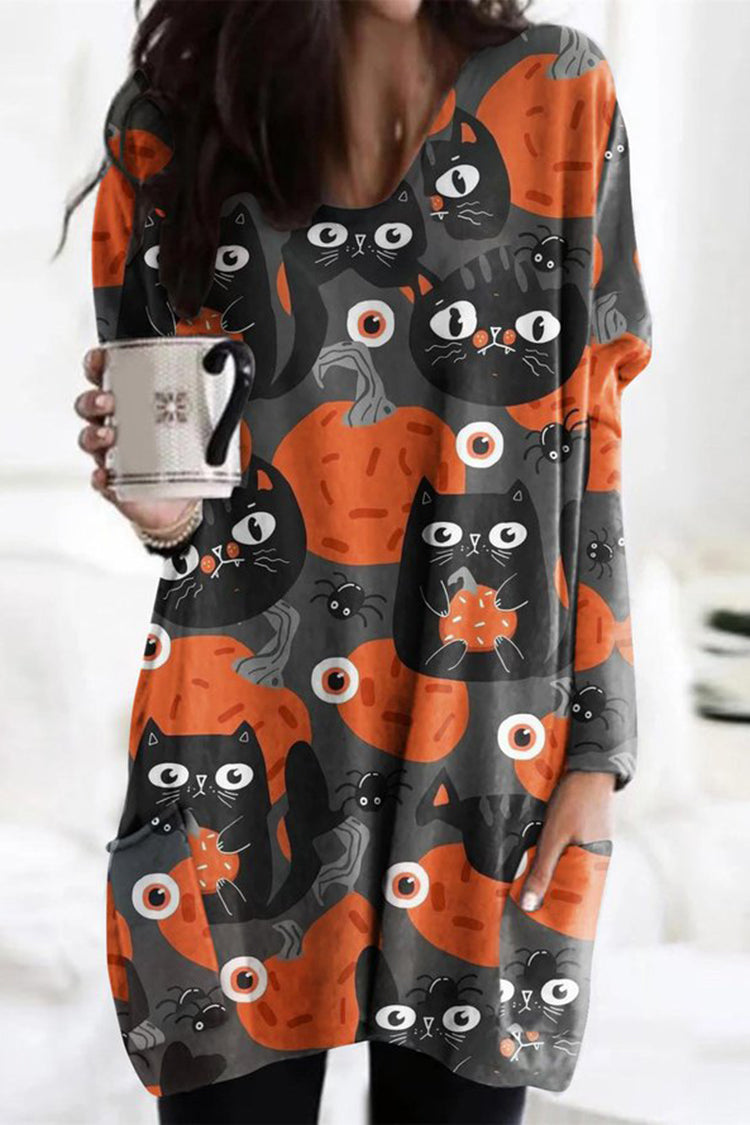Pumpkin Cat Print Crew Neck Long Sleeve Casual Tunic