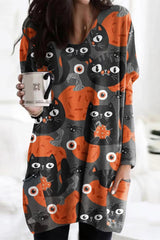 Pumpkin Cat Print Crew Neck Long Sleeve Casual Tunic