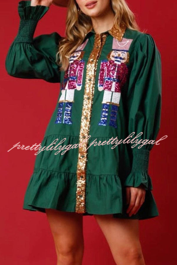 Nutcracker Sequined Button Down Long Sleeve Mini Dress