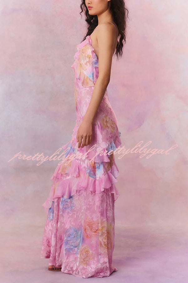 Multicolor Tie-dye Sexy Backless Wave-hem Strap Maxi Dress