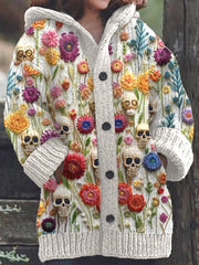 Skull Floral Embroidery Pattern Cozy Knit Hooded Cardigan