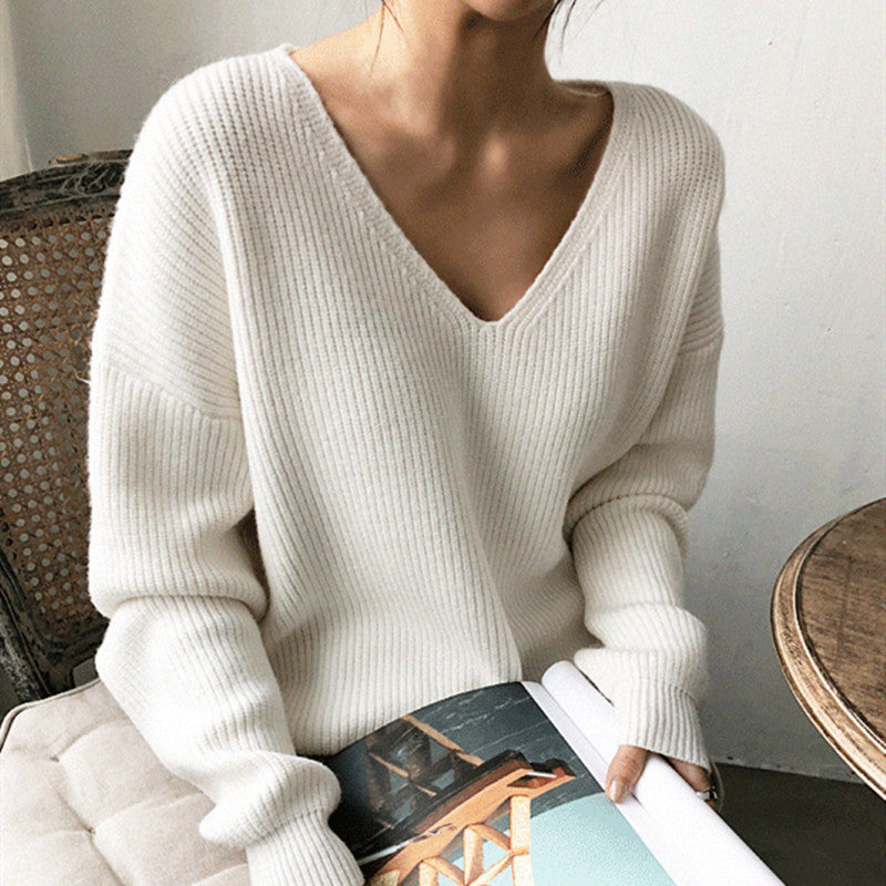 V-Neck Simple Irregular Pullover Sweater