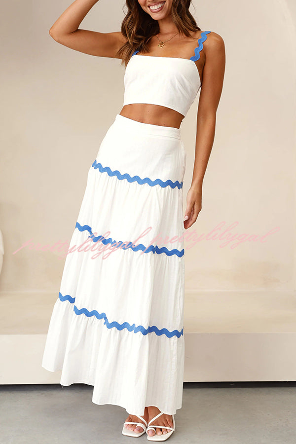 Island Beauty Wave Trim Patchwork Crop Tank and Elastic Waist Skirt Set