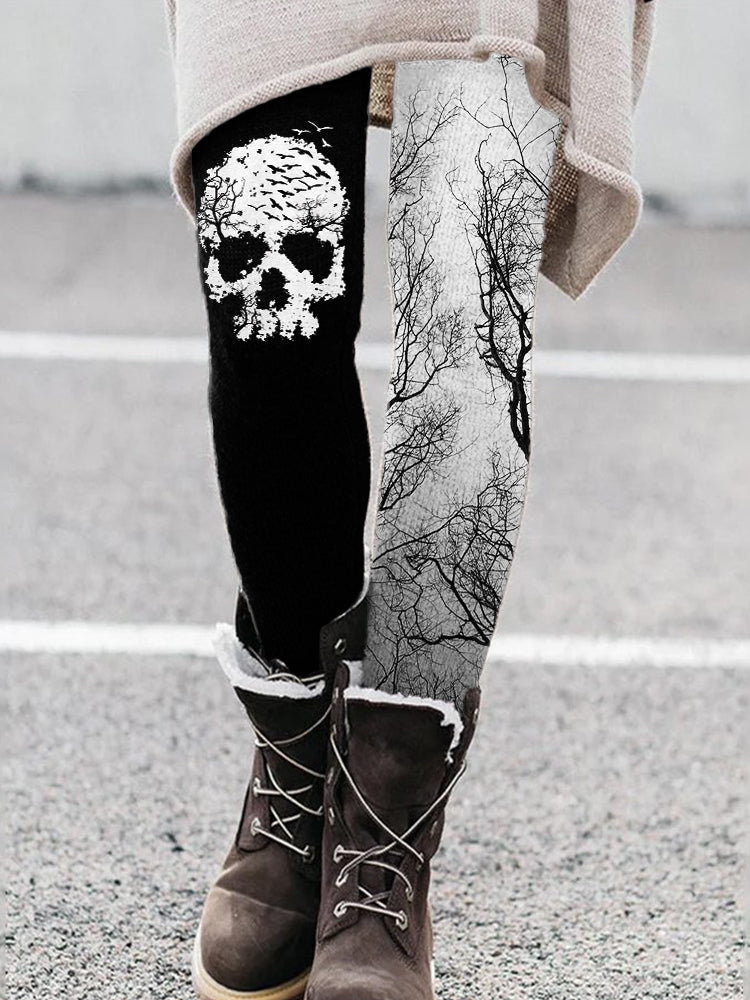 Forest Inspired Spooky Skull Contrast Leggings